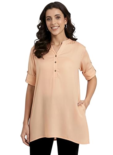 Image of Women's Roll-Up Sleeve Tunic Top, V-Neck with Button Front, Side Pockets, Rayon Short Kurti