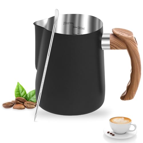 CBWERBB 600 ML Stainless Steel Milk Frothing Pitcher, Milk Pitcher Cup with Latte Decorating Art Pen and Plastic Wood Grain Handle for Making Latte Coffee Art, Cappuccino(Black,600 ML)