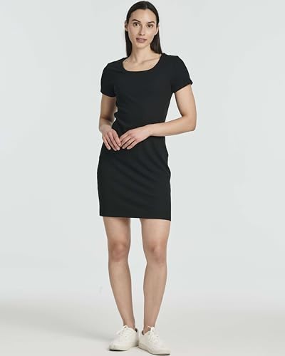 Image of Real Essentials 3 Pack: Women's Ribbed Mini Dress - Short Sleeve T-Shirt Dress Slim Fit Casual Summer Dress