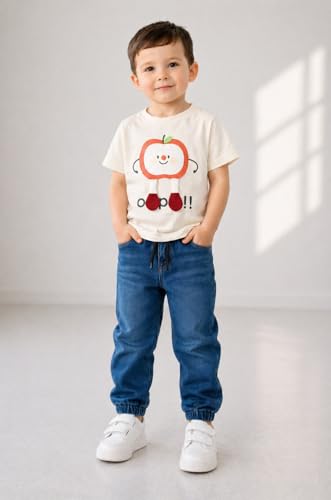 Image of Bold N Elegant Toddler Boys Clothing Set Apple Print T-Shirt with Denim Jogger Pants | Kids Casual Summer Outfit Set | Soft Cotton Tee & Elastic Waist Jeans