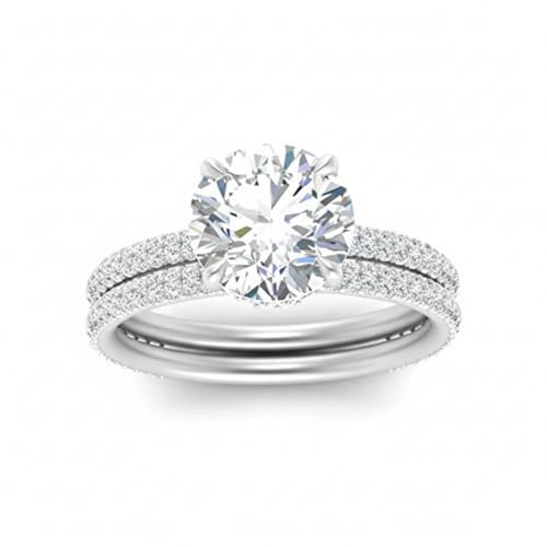Image of Choose Your Gemstone Hidden Diamond CZ Wedding Set 925 Sterling Silver Round Shape Wedding Ring Sets Minimal Modern Design Birthday Gift Wedding Gift US Size 4 to 12