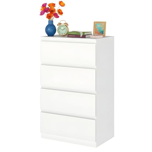 GOKHOMX Commode Blanche 4 Tiroirs, Moderne Commode Chambre Blanche Meuble de Rangement Table d'appoint Coiffeuse Meuble Tiroir pour Chambre Enfant Salon...