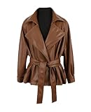 Damenjacke mit Frühlingsgürtel, Revers, lässig, locker, kurz, Kunstlederjacken, braun, L