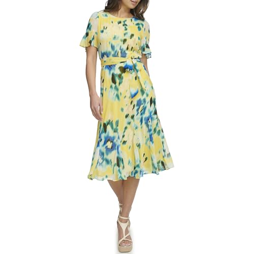 Image of DKNY Women's Flutter Sleeve Round Neck Waist Tie Midi Dress