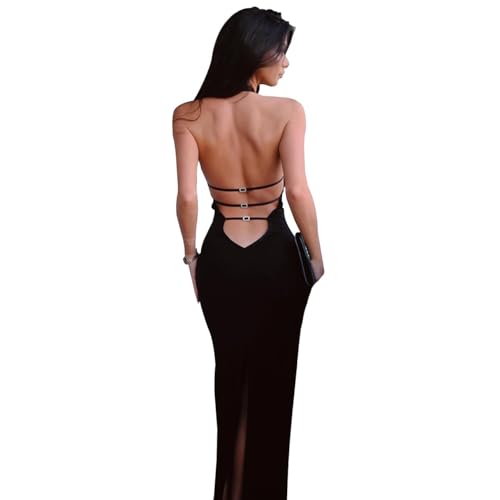 XFSRG Damen Kleider Sexy Rückenfrei Kleid Neckholder Knielang Abendkleid Ärmelloses Bodycon Partykleid Sommerkleid(Schwarz/S)