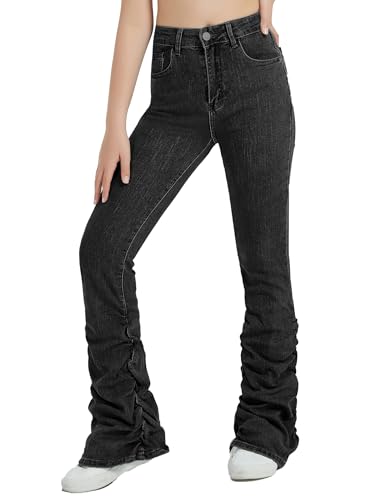 EXARUS Girls Flare Jeans High Waisted Denim Bell Bottom Casual Kids School Ruch Pants with Pockets3