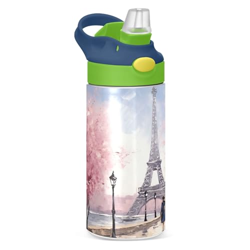 Sevdomey Botella de agua para niños con diseño de la Torre Eiffel con pajilla, para niñas y niños, de acero inoxidable, aislada, a prueba de fugas, 350 ml, para escuela, guardería, viajes, deportes