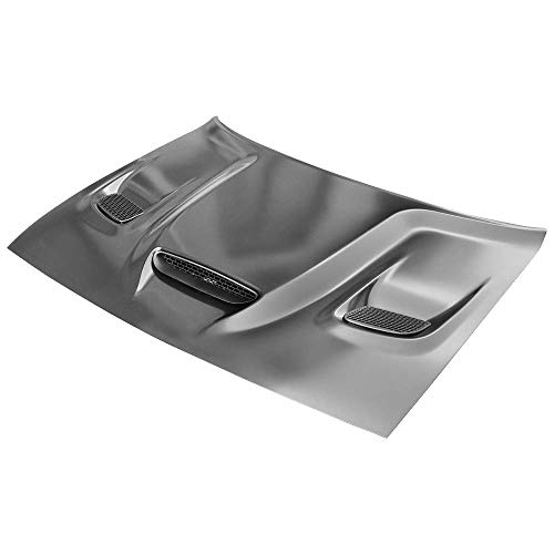 Ikon Motorsports, Hood Compatible With 2008-2023 Dodge Challenger, Hellcat Style Bumper Hood Scoop With Air Intake Vents Black Aluminum, 2009 2010 2011 2012 2013 2014 2015 2016 2017 2018 2019 #TOP3