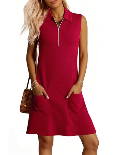 Image of ANRABESS Womens Summer Dresses Casual Sleeveless Ribbed Half Zip Polo Collar Tshirt Dress 2026 Spring Tunics Short Sundress