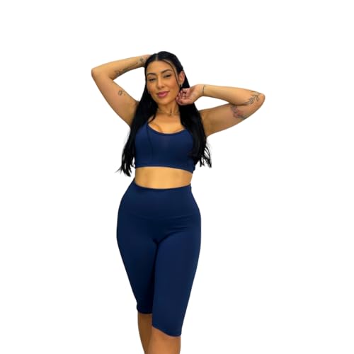 Bermuda Fitness Feminino Academia Cintura Alta Suplex (BR, Alfa, G, Regular, Regular, Marinho)