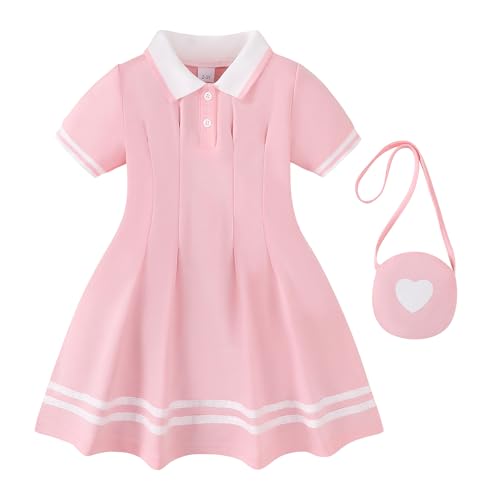 Renotemy 18 Months Toddler Girl Dress Summer Clothes Outfits 18-24 Months Girls Gifts Light Pink Sport Tennis Golf Short Sleeve Button Polo Dresses Cotton Back to School Uniform Dress Set with Bag