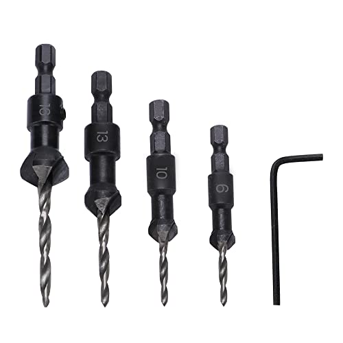 YIXISI 5 Pièces Hexagonale Fraise Conique Forets, 6#10#13#16 HSS Fraises à Noyer avec Clé Hexagonale, Mèches Coniques pour Bois, Plastique, Métal Doux