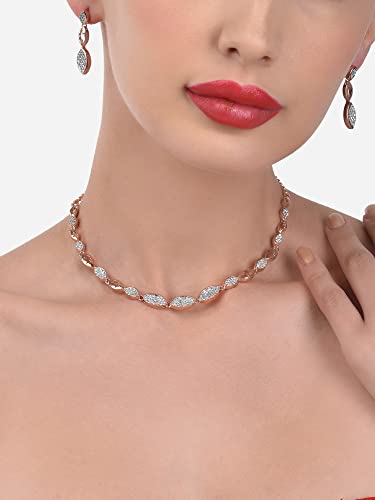Image of Ami Rose Gold Dazzling Cubic Zirconia Designer Contemporary Necklace & Earring Set For Women-ZPFK20055
