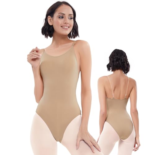 Image of iMuChic Women Nude Leotard Seamless Camisole Undergarment Leotards for Ballet Dance Gymnastics with Adjustable Clear Straps