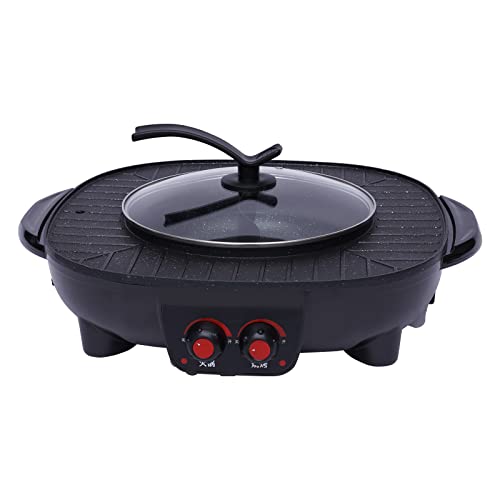 2 In 1 Hotpot und Grill,Elektrischer Hotpot Topf Elektrogrill Antihaft-Rauchloser Grillofen,mit Abnehmbar Kochplatte Indoor Korean BBQ Thai Barbecue Fondue Raclette für 5-6 Personen