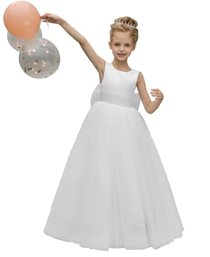 MCieloLuna Elegant Flower Girls Satin Tulle Princess Pageant Dress for Wedding Kids A-Line Pearls Ball Gowns with Bow