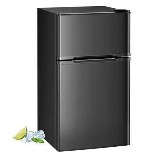 HAVATO Small Refrigerator with Freezer, 3.2 Cu.ft Compact Refrigerator with 2 Doors, Remove Glass Shelves, 7-Level Adjustable Temperature for Home, Dorm and Office, Black