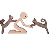 KINGNOW Cat Figurines Home Decor Nature Wood Carved a Man Two Cats Sculpture