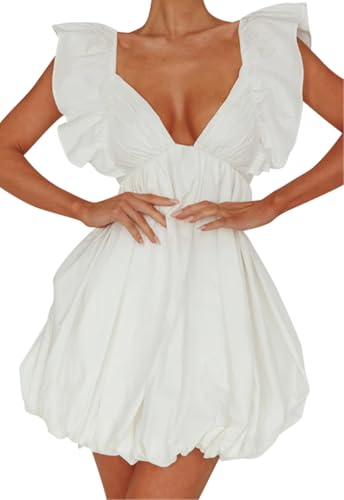 hibshaby Summer Mini Dress Deep V-Neck Babydoll Dress Bubble Dress Backless Lace Up Sexy Short Dress4