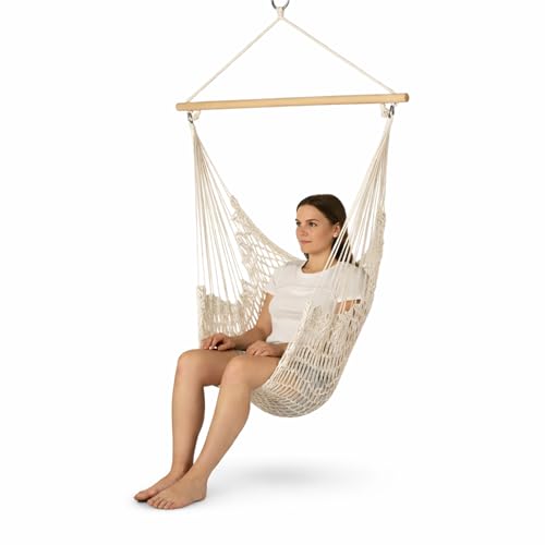 Listado de Hamacas para comprar hoy. 45 Bluelander Hamaca Colgante de Algodón, Silla Colgante Resistente con Soporte de Madera, Capacidad 150 kg, Ideal para Interior y Exterior, Incluye Accesorios de Fijación