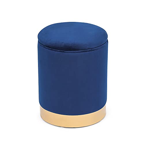 Joveco Round Storage Ottoman Footrest Stool Velvet Upholstered Footstool with Gold Plating Base (Blue)