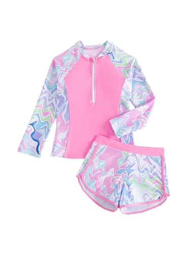 SEGT Girl's Floral Long Sleeve Rash Guard with Bikini Bottom 2 Piece Swimsuit Set
