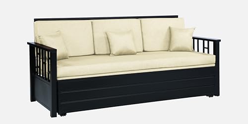 Image of Wiki 3 Seater Metal Sofa Cum Bed with Hydraulic Storage | Queen Size Sofa Cuma Bed | 3 Seater Sofa Set, Metal Sofa Set for Living Room (Matte Black Finish with White Cushion)