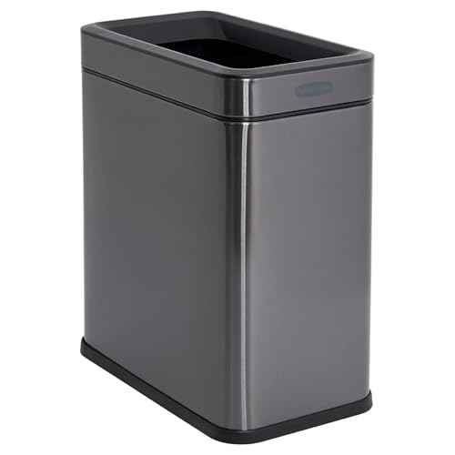 Image of Rubbermaid 2.6-Gallon Charcoal Stainless Steel Wastebasket, Slim Space-Saving Design, Ideal for Home /Office /Bathroom