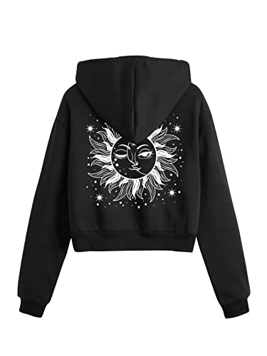 SheIn Damen Hoodie Crop Kapuzenpullover Langarm Kurz Sweatshirt Kapuzensweatshirt mit Kapuze und Kordelzug Schwarz S Cover