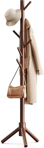 Image of Ash & Roh Natural Wooden Coat Rack Stand With Hooks Adjustable Height, Easy Assembly, Sturdy Solid Base for Coats, Hats, Handbags Entryway, Hallway, Bedroom, Office (Walnut, 92-2)
