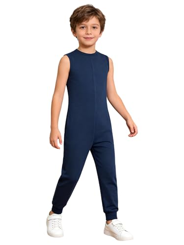Agoky Unisex Kinder Pflegeoverall Mädchen Jungen Ärmellos Jumpsuit Overall Lang Basic Einfarbig Einteiler Ganzkörperanzug Sport Fitness Workout Outfits Marineblau 170