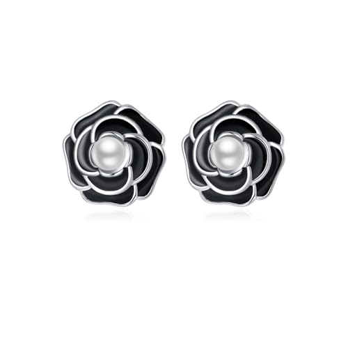 HHRFCS Pendientes de Plata de Ley 925 con Forma de Flor para Mujeres y Adolescentes, Pendientes de Flor Negros con Perlas