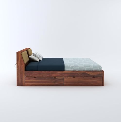 Image of STRATA FURNITURE Sheesham Wood King Size Bed with Drawer Storage Solid Wood Double Bed Palang | Wooden Bed for Bedroom Living Room Furniture (Honey Finish)