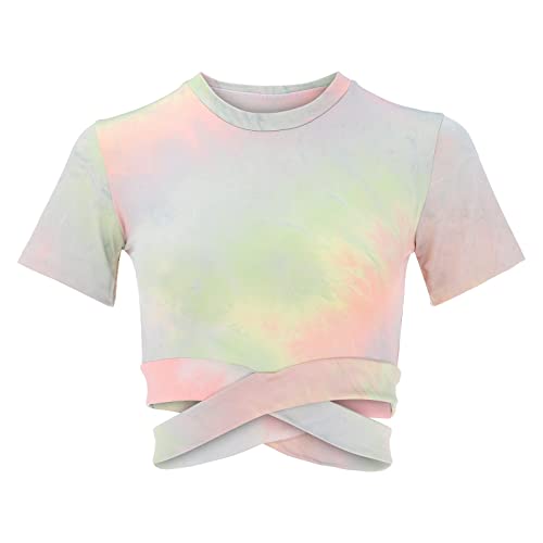 Mujer Tie Dye Estampado Secado Rápido Ropa Yoga Fitness Cuello Abierto Camiseta Deportiva Manga Corta Pantalones Cortos Verano Mujer, D, L