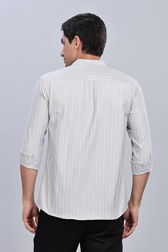 Image of MILDIN Men's Pure Cotton Striped Printed Shirt with Spread Collared Neck Full Sleeve Curved Hemline Button Closure and Regular Fit | Shirt for Man