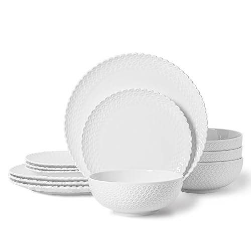 HOMBENE Dinnerware Set, 12 Piece Porcelain Dinnerware with Plates, Bowls and Dishes, Modern Dish Set for 4