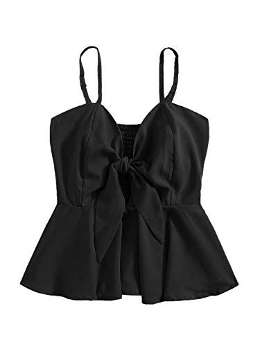 SheIn Women's Cute V Neck Solid Ruffle Hem Peplum Cami Top Black Small
