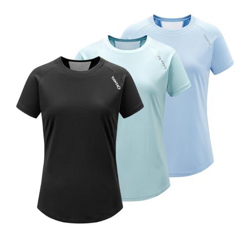 Damen Sport T-Shirt 3er Pack Funktionsshirt Laufshirt Fitness Shirt Trainingsshirt Kurzarm Rundhals Atmungsaktiv Schnelltrocknendes für Running Workout Gym (Black+Green+Blue, S)