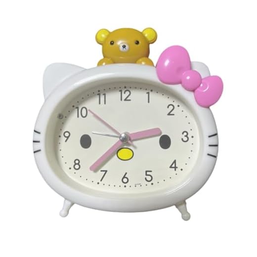 Cute Cat Alarm Clock, Kawaii Alarm Clock，Cartoon Cat Clock，Cute Clock，White with Pink Bow, Yellow Bear Topper, Kids Room Decor (White with Little Bear)