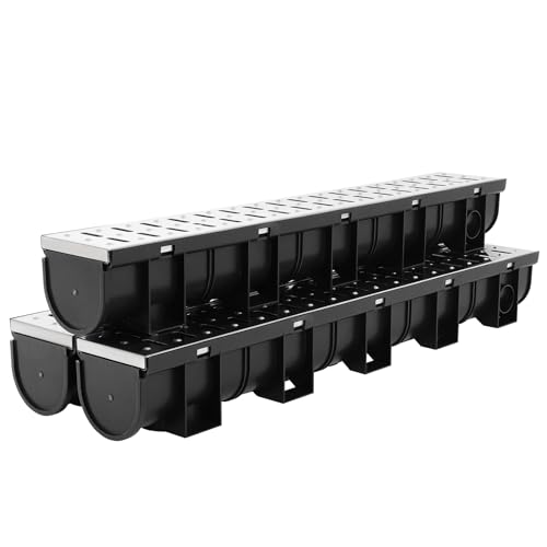 FAHKNS Trench Drain System, HDPE Channel Drainage with 304 Stainless Steel Metal Grate, Durable Garage Flooring Drain for Driveway, Garden, Patio, Pool Deck, Easy to Install, Corrosion-Resistant by FAHKNS - Used condition - US$52.58
