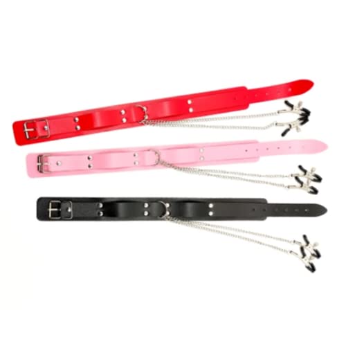 Coleira Com Correntes Harness e Prendedor de Mamilos Couro Rosa