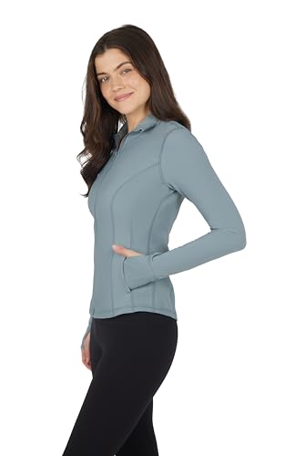 90 Degree By Reflex Womens High Neck Slim Fit Ribbed Zip Up Athletic Running Jacket With Thumbholes | Lead | Xs