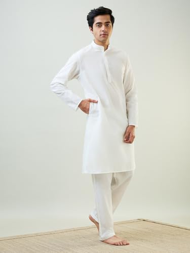 Image of SleepZ by Raymond Men Comfort Fit Solid Pattern Cotton Polyester Blend Mandrin Collar Kurta Set