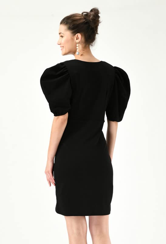 Image of Women's Puff Sleeve V-Neck Bodycon Casual Mini Dress