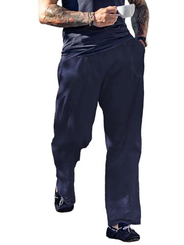 KAWATA Linen Pants for Men Elastic Waist Drawstring Casual Trousers Lightweight Straight-Legs Loose Beach Yoga Pants Navy Blue