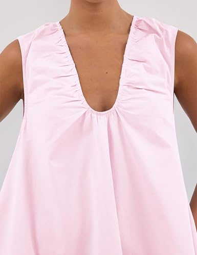 Image of Women Summer Sleeveless Babydoll Mini Dress Scoop Neck Loose Fit Tank Dresses Party Ruched Short Dress with Pockets