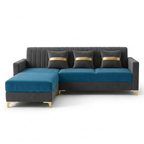 Image of CASASTYLE Signature Groovy 4-Seater L-Shape Sofa Set with Movable Ottoman | Flexible LHS /RHS Layout | Boston Fabric & Plush Cushions | 40D Foam + Zigzag Spring | 3-Yr Warranty (Dark Grey-Aqua Blue)