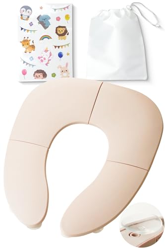 atRise 補助便座 折りたたみ【”吸盤”でピタッと固定】外出先のトイレに! 持ち運び おまる 幼児 子供 携帯 収納ポーチ デコシール付き (ミストピンク)