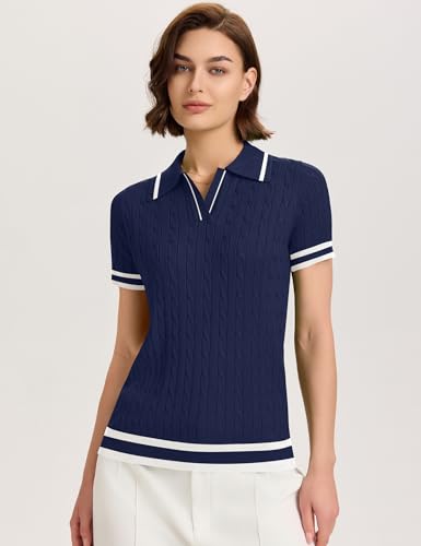 Image of Micoson Womens Short Sleeve Sweater Tops Lapel V Neck Polo Shirts 2026 Summer Cable Knit Loose Blouse Business Casual Outfits