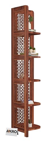 Image of Sheesham Wood Brick Corner Shelf for Living Room Bedroom Home | CNC 5 Tier Corner Bookshelf | Wooden Ladder Bookcase Display Unit (Honey Finish)